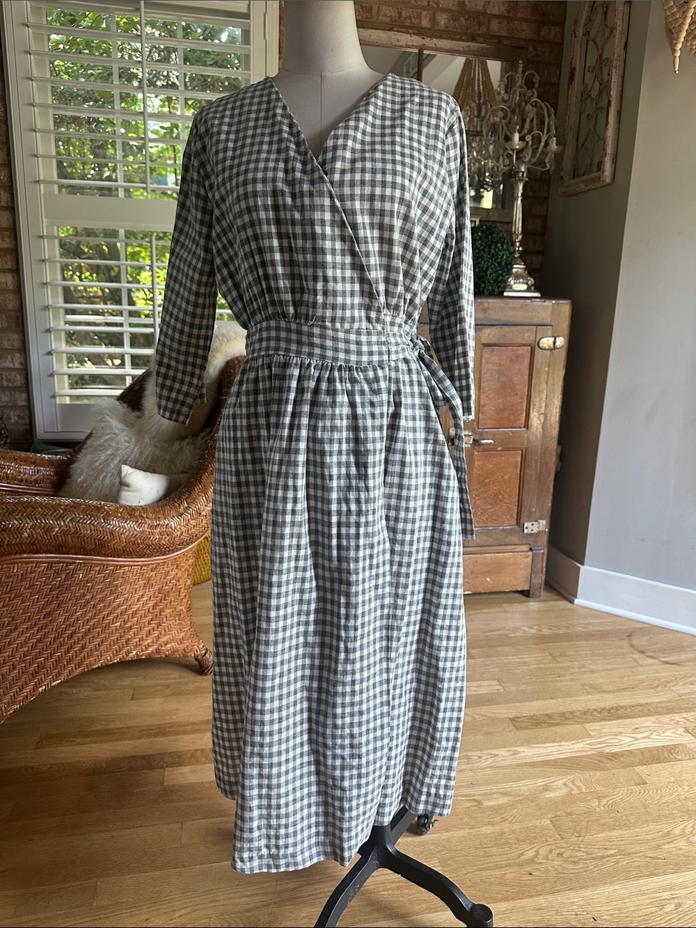 OLIVE GINGHAM CHECK LONG 3/4 SLEEVE WRAP DRESS GREY ONE SIZE NEW LINEN